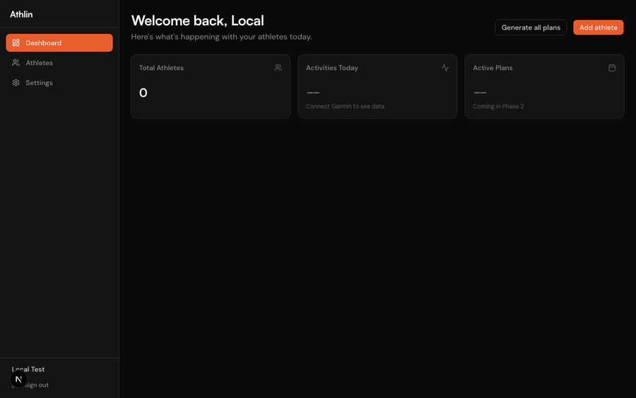 Athlin dashboard demo — athlete management, plan generation, settings
